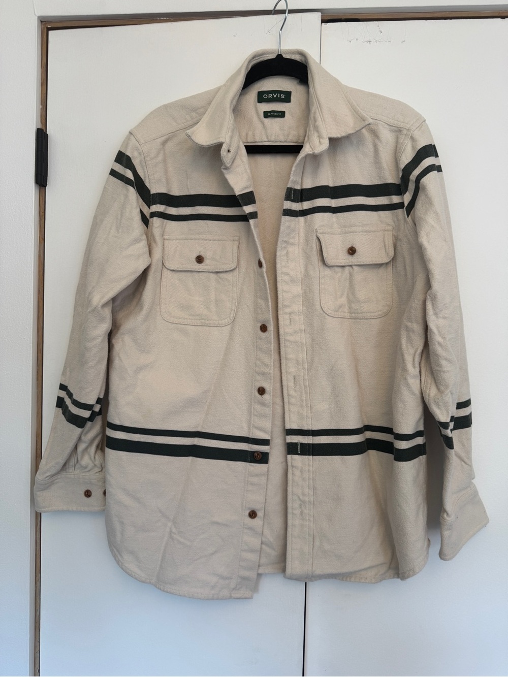 Orvis Cream Long-Sleeve Button Front Shirt Jacket with Dark Green Stripes